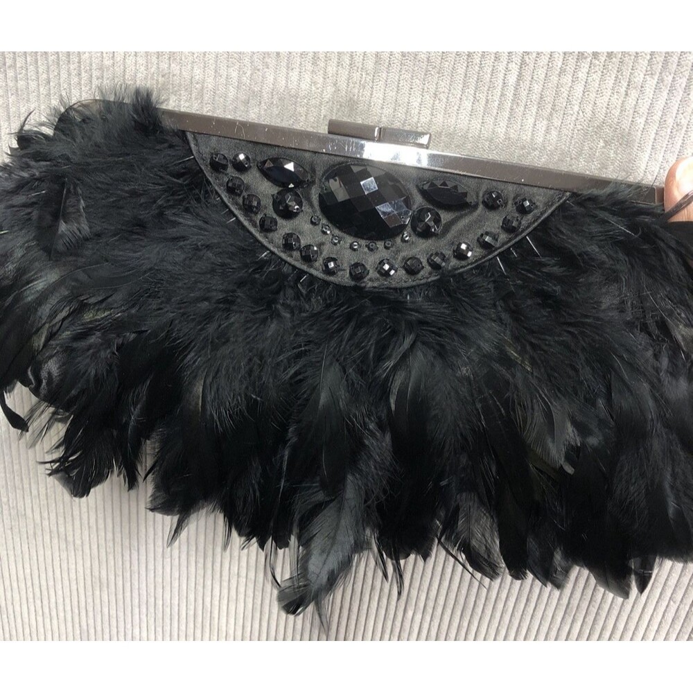 Black Feather Rhinestone Clutch Purse Convertible Chain Shoulder Evening Bag - Picture 13 of 14